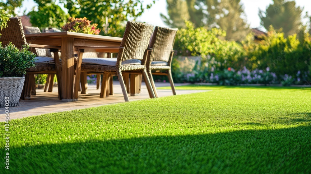 A table and chairs placed on artificial grass on a patio, holding it in place A table and chairs placed on artificial grass on a patio, holding it in place
