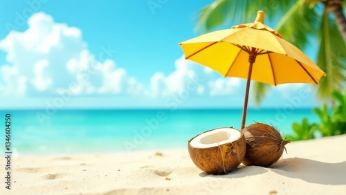 Wallpaper Mural 
tropical beach made of coconut fruits and a sun umbrella. Torontodigital.ca