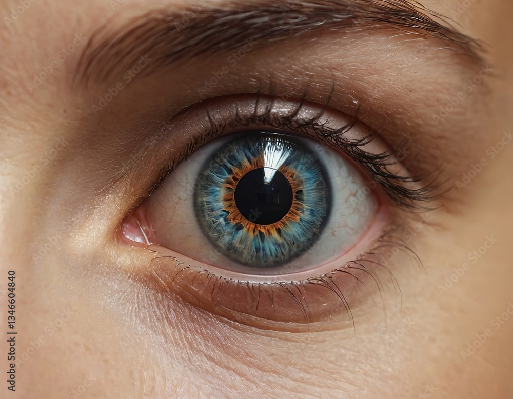 Obraz premium Close-up of a woman's blue-green eye with intricate patterns and striking colors, showcasing natural beauty.