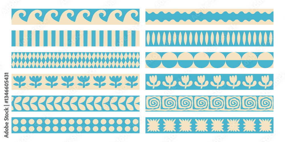 Fototapeta premium Vector border and frame element, pattern in simple floral wavy and groovy naive style, ocean and vacation theme, flowers and plants, floral botanic hand drawn design templates, modern art prints