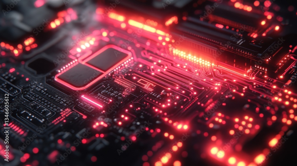High-tech circuit board with glowing red components High-tech circuit board with glowing red components