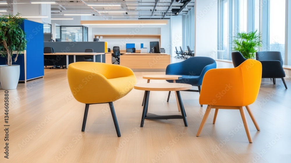 A modern office space featuring colorful chairs, a wooden table, and large windows, creating a bright and inviting atmosphere. A modern office space featuring colorful chairs, a wooden table, and large windows, creating a bright and inviting atmosphere.