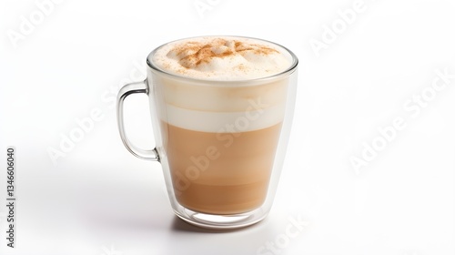 A foamy cappuccino with a creamy whipped milk cap, served in a double glass mug, isolated on a clean white background with soft natural lighting,