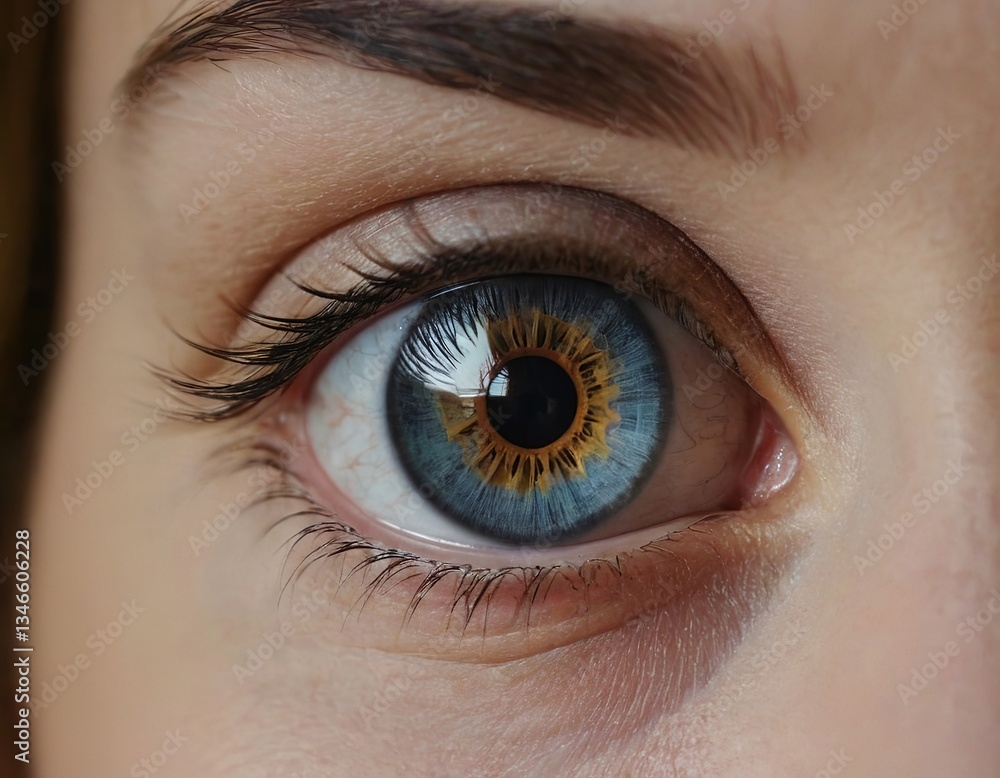 Obraz premium Close-up of a striking blue eye with golden flecks, showcasing intricate details and healthy lashes.
