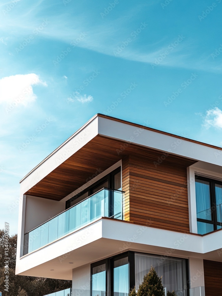 Modern Home Exterior Design with Wood Panels and Balcony Under Blue Sky Modern Home Exterior Design with Wood Panels and Balcony Under Blue Sky