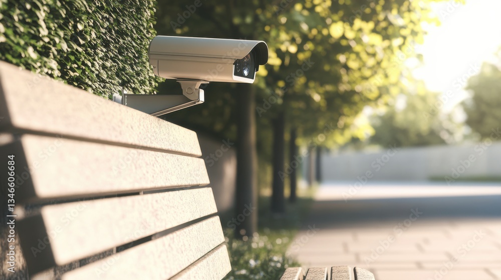 Security camera mounted on a park bench overlooking a serene pathway surrounded by trees in a bright outdoor setting Security camera mounted on a park bench overlooking a serene pathway surrounded by trees in a bright outdoor setting