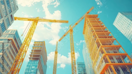 Urban Construction Site, Tall Buildings, Sunny Day, Low Angle View, Ideal for Commercial Use