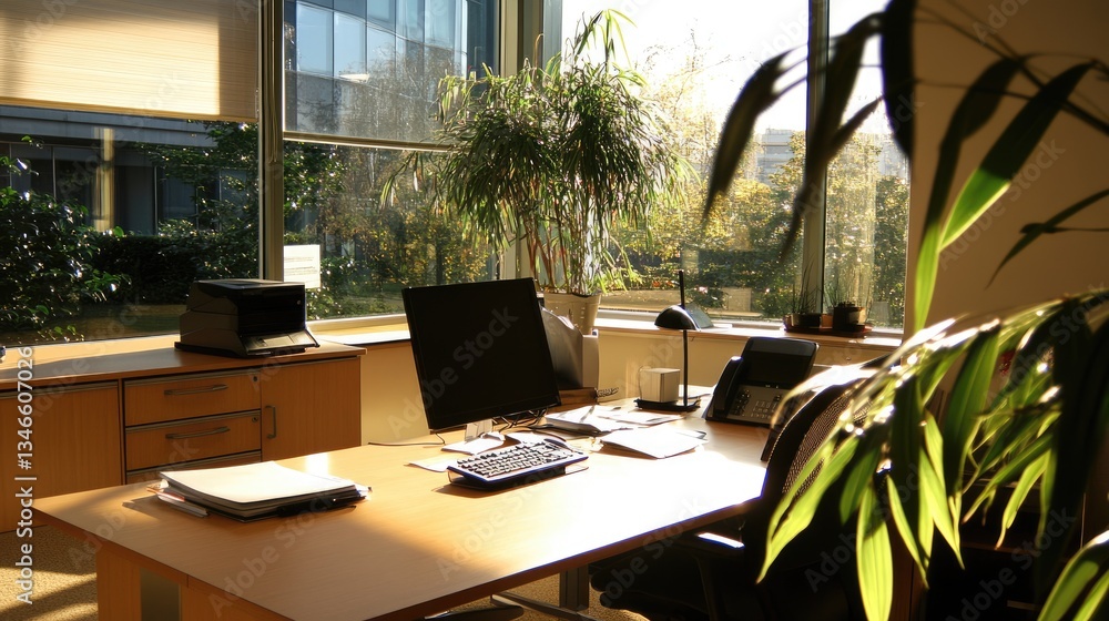Fototapeta premium A well-lit work area with a desk at a height designed for preventing office syndrome