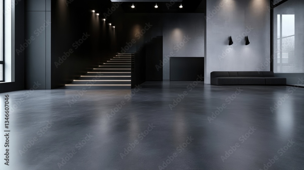 Fototapeta premium Modern, minimalist lobby with dark gray concrete floors and black accents. Staircase ascends to upper levels