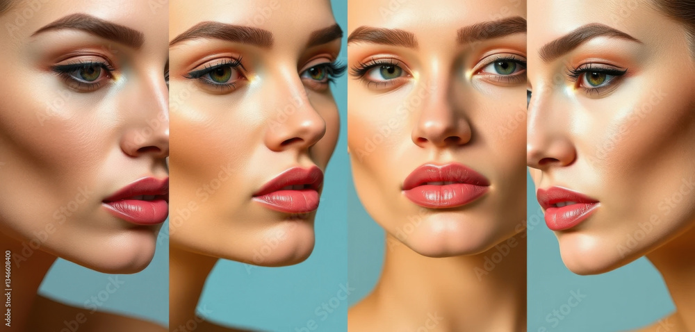 Naklejka premium Panel de belleza de cuatro partes que muestra líneas de mandíbula con un contorno perfecto, piel suave y radiante e iluminación de alta costura