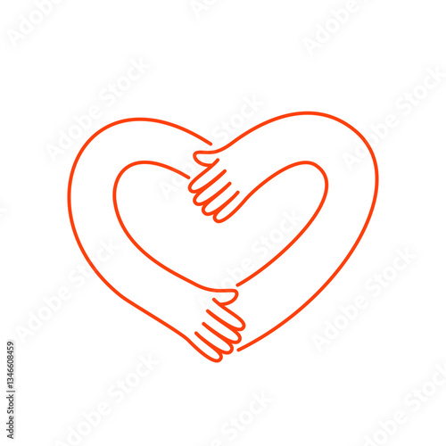 Vector simple linear illustration, hand poster, logo, print design template, hand drawn hands holding hear,t gesture in minimal modern art style