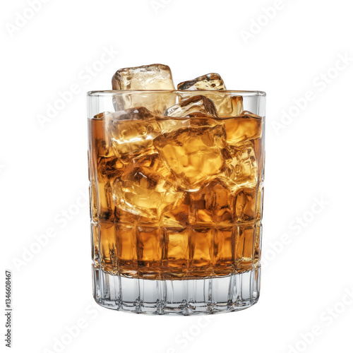 Glass of whiskey on the rocks with ice cubes in a clear glass on a wooden table