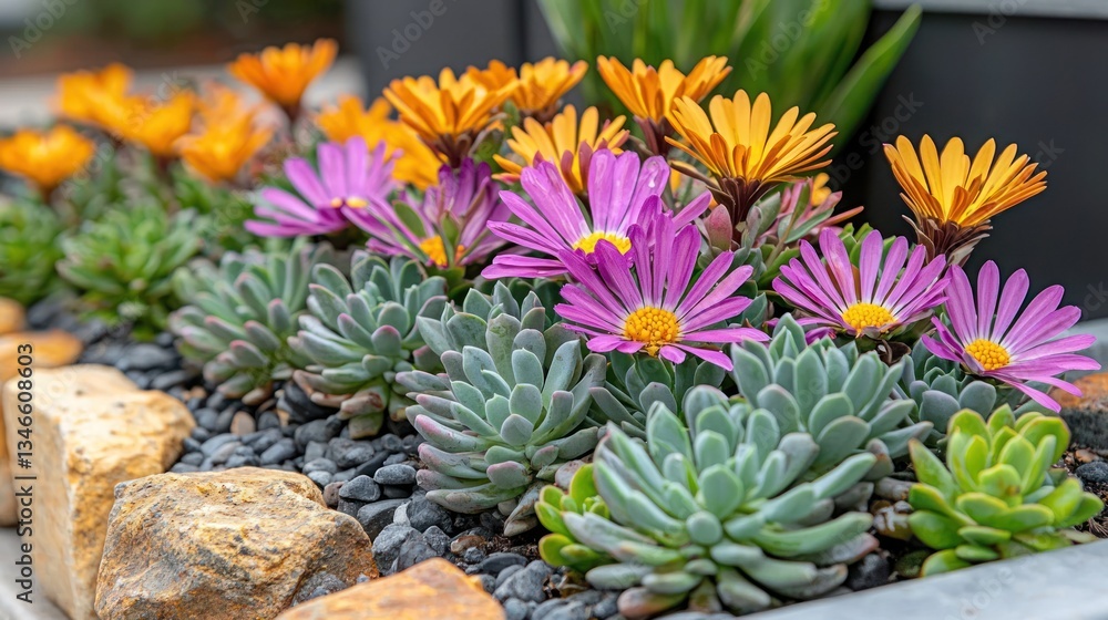 Fototapeta premium Colorful flowers and succulents in a garden bed