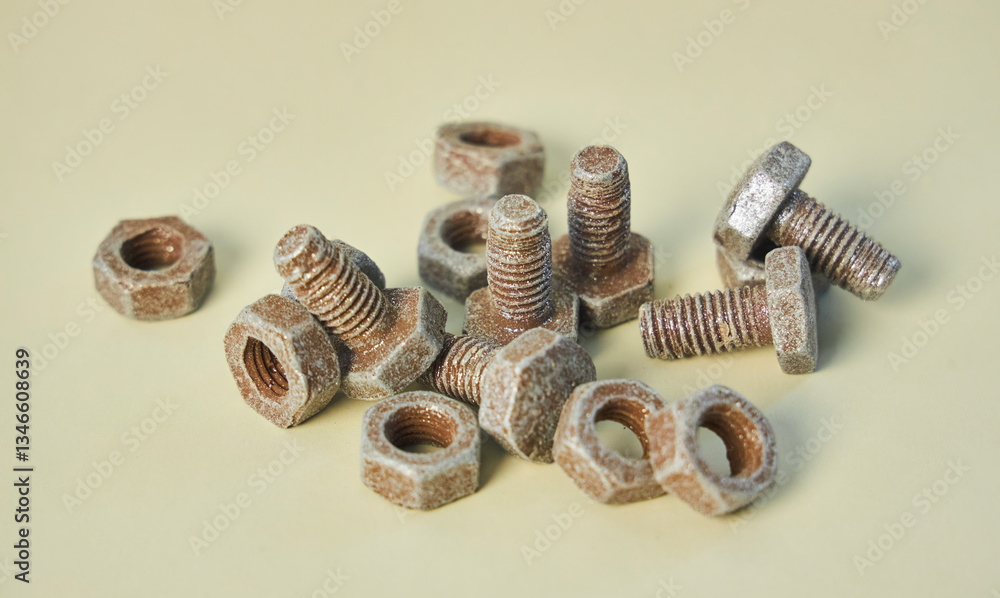 Fototapeta premium Lots of bolts and washers made of chocolate. Imitation of real iron fasteners. The art of the pastry chef
