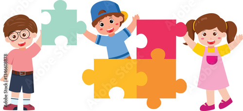 Colorful Cartoon Kids in Puzzle Pieces