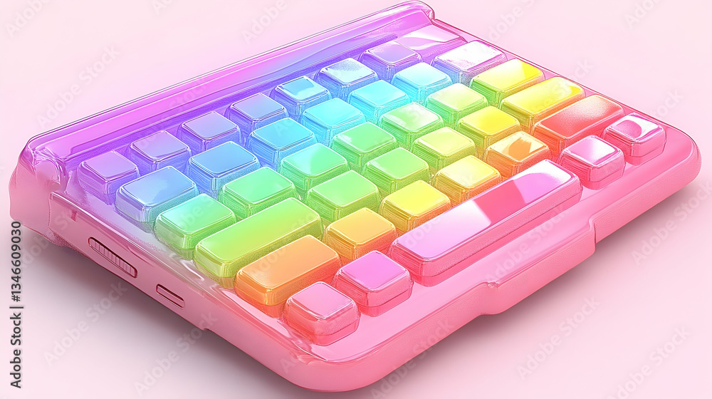 Colorful, glossy keyboard; rainbow keys; pastel pink casing; modern design; sleek and compact Colorful, glossy keyboard; rainbow keys; pastel pink casing; modern design; sleek and compact