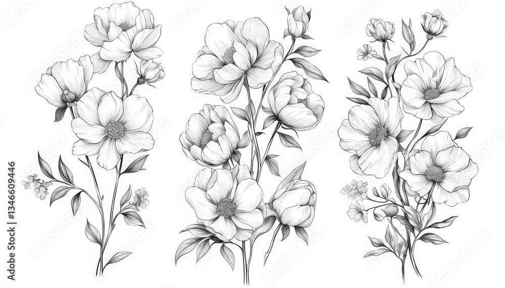 Pencil Drawn Illustration of Three Floral Arrangements on White Background Pencil Drawn Illustration of Three Floral Arrangements on White Background