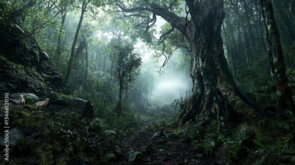Obraz premium Mysterious forest exploration enchanted woods nature photography foggy atmosphere ground level serenity and adventure