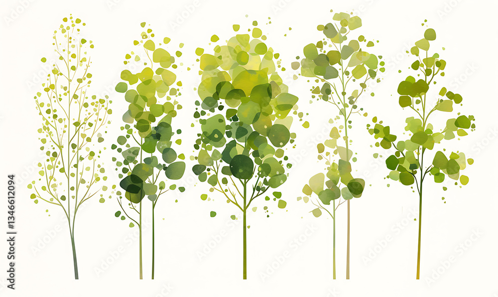 Fototapeta premium .Illustration of trees, leaves, grass and various botanical elements on a white background.