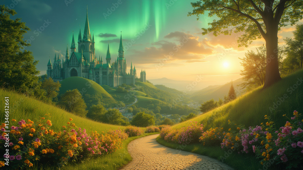 Naklejka premium magical landscape featuring castle under northern lights, surrounded by vibrant flowers and rolling hills