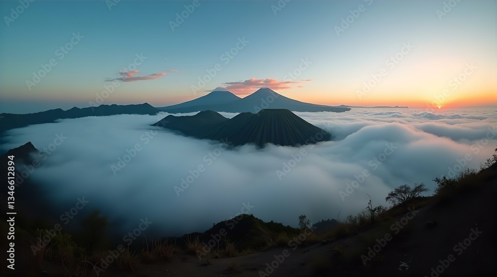 Dramatic Volcanic Mountain Peaks Sunrise Over Cloud Sea Dramatic Volcanic Mountain Peaks Sunrise Over Cloud Sea