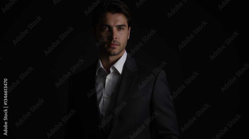 Elegant man in dark suit against black background, exuding confidence and sophistication Elegant man in dark suit against black background, exuding confidence and sophistication