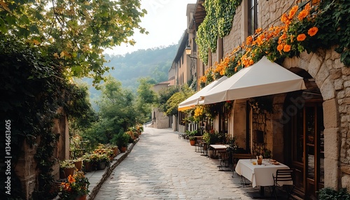 Sunny Hilltop Cafe for Cobblestone Street, France.