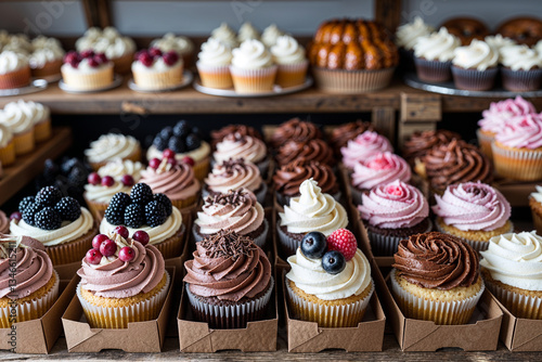 Abundant display of cupcakes with diverse frostings and toppings, showcasing the colorful variety and sweet indulgence of these delightful treats in a rustic setting