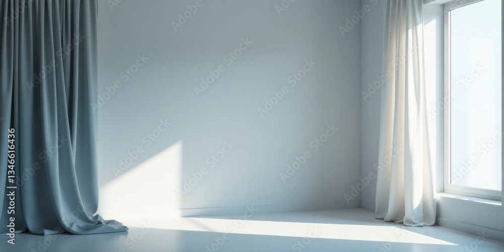Obraz premium Serene Minimalist Room Interior with Draped Curtains and Sunlight Streaming Through Window