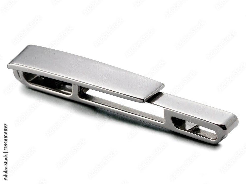 Elegant silver tie clip showcasing a modern design against reflective surface Elegant silver tie clip showcasing a modern design against reflective surface