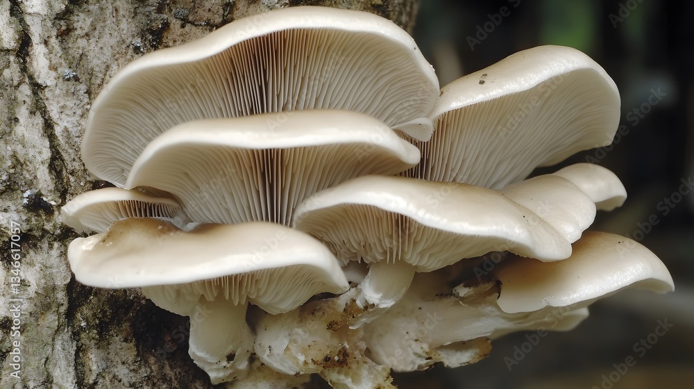 Closeup of Oyster Mushrooms Growing on Tree Trunk Closeup of Oyster Mushrooms Growing on Tree Trunk
