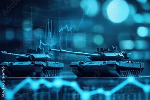 Military spending increasing with tanks and financial charts displayed
