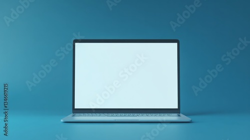Silver laptop with a blank white screen on blue background