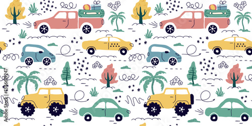 Seamless pattern with hand-drawn cars, signs, roads,  gifts. Cartoon print background, kids, paper, print. vector illustration in the style of trend art