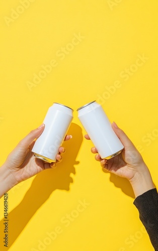 Toasting with Cans Two Hands on Bright Yellow Background