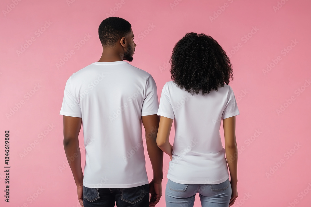 African American man and woman in plain white t-shirt mockup, back view with pink background African American man and woman in plain white t-shirt mockup, back view with pink background