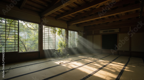 Wallpaper Mural serene room with tatami mats, sunlight streaming through windows, surrounded by nature Torontodigital.ca