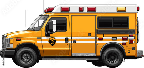 Illustration of a yellow emergency vehicle with sirens, designed in a simple, cartoonish style. A clear, bright depiction of a rescue truck for healthcare and emergency services