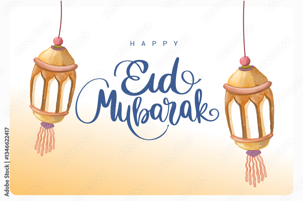 Hand drawn Sketch of lantern for Ramadan and Eid mubarak greetings card with watercolor Background. Vector Illustration
