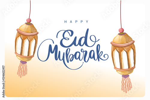 Hand drawn Sketch of lantern for Ramadan and Eid mubarak greetings card with watercolor Background. Vector Illustration