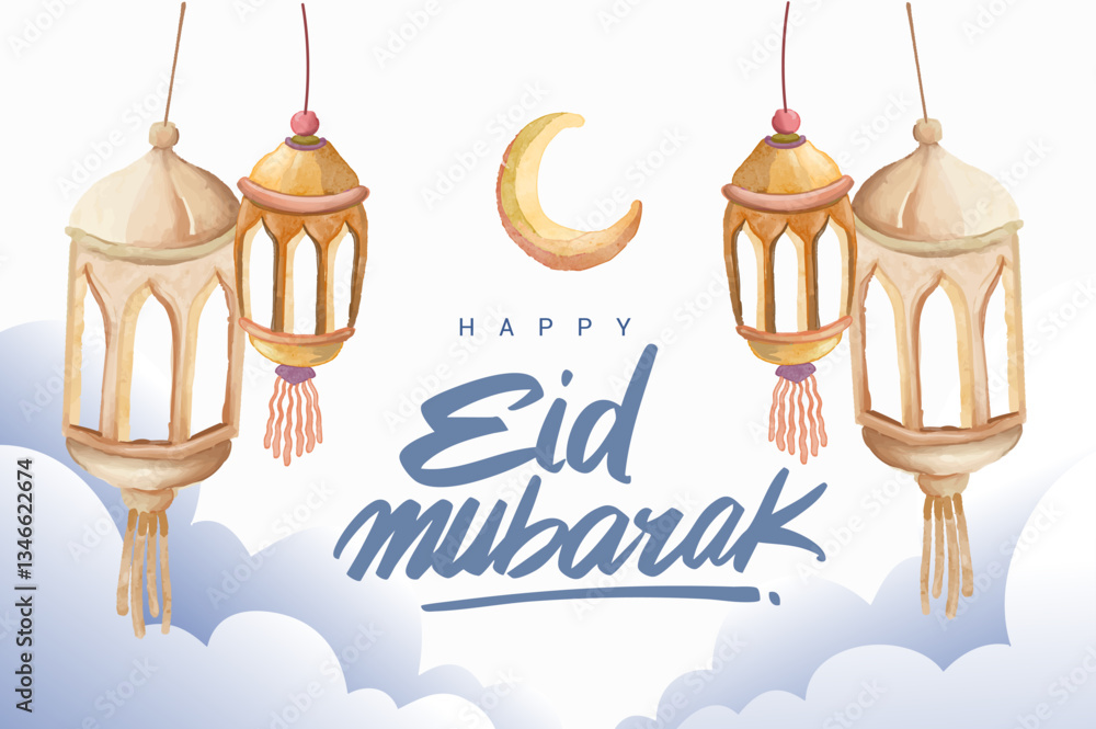 Hand drawn Sketch of lantern for Ramadan and Eid mubarak greetings card with watercolor Background. Vector Illustration