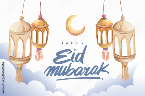 Obraz na płótnie Hand drawn Sketch of lantern for Ramadan and Eid mubarak greetings card with watercolor Background. Vector Illustration w salonie