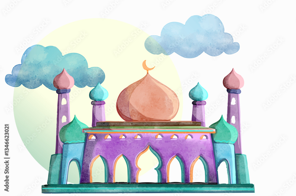 Hand drawn Sketch of Mosque for Ramadan and Eid mubarak greetings card with watercolor Background. Vector Illustration