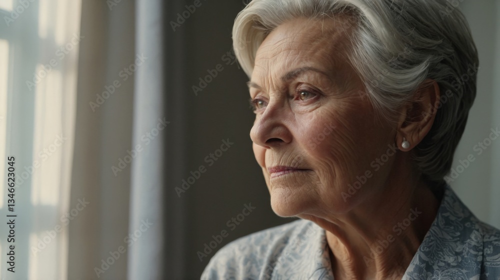 Looking out the window, an elegant woman embraces tranquility and the beauty of age in a sunlit room Looking out the window, an elegant woman embraces tranquility and the beauty of age in a sunlit room