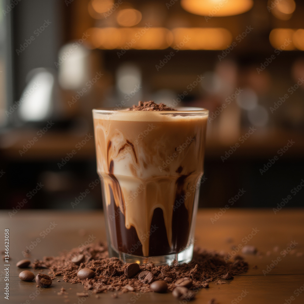 Creamy coffee drink with chocolate swirls, topped with cocoa powder, on wooden table Creamy coffee drink with chocolate swirls, topped with cocoa powder, on wooden table