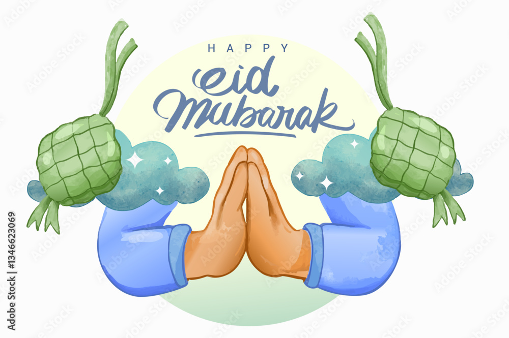 Hand drawn Watercolor Ramadan Kareem greeting Card Illustration, ramadan kareem cartoon vector for Islamic festival for banner, poster, background.