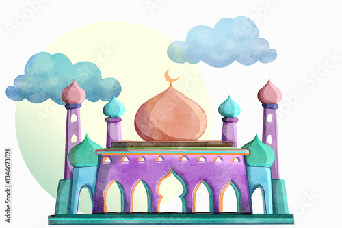 Obraz na płótnie Hand drawn Sketch of Mosque for Ramadan and Eid mubarak greetings card with watercolor Background. Vector Illustration w salonie