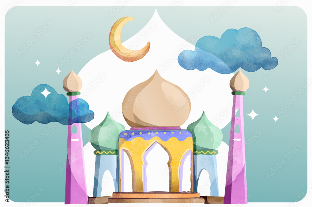 Hand drawn Watercolor of Mosque for Ramadan and Eid mubarak greetings card. Vector Illustration