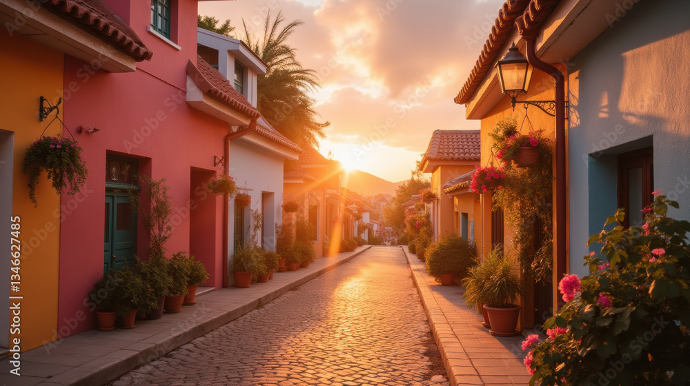 Fototapeta premium picturesque street lined with colorful houses, vibrant flowers, and stunning sunset. warm glow creates serene atmosphere