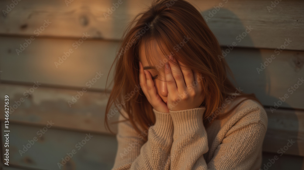 woman with long hair covers her face with her hands, expressing sadness in cozy setting. warm light enhances emotional atmosphere woman with long hair covers her face with her hands, expressing sadness in cozy setting. warm light enhances emotional atmosphere